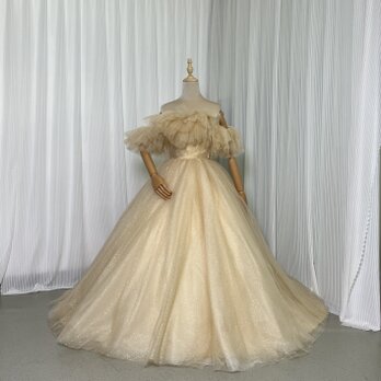 人気上昇！カラードレス シャンパン色 オフショルダー キラキラチュール パーティードレス 結婚式の画像