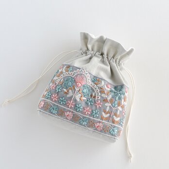 インド刺繍リボンのマチのある巾着ポーチ 　ライトグレー