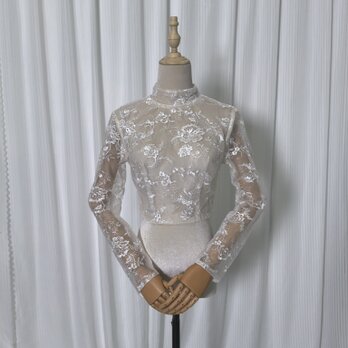 ボレロ ロングスリーブ ビーズ キラキラスパンコール 花モチーフ ハンドメイド ウェディングドレスの画像