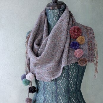 手織り 変形ツイル織 ポンポンマフラー Handwoven TMMS24167の画像