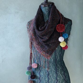手織り 変形ツイル織 ポンポンマフラー Handwoven TMMS24166の画像