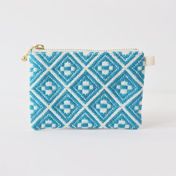 【受注制作】mini大人のコンパクトポーチ/マリンブルー　こぎん刺し/刺し子/刺繍 小さな　Sサイズの画像
