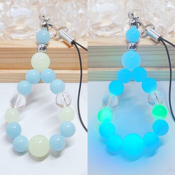 夜のデートやお出かけに◎ルミナスストーン（夜光石）水晶 ストラップ No771Sの画像