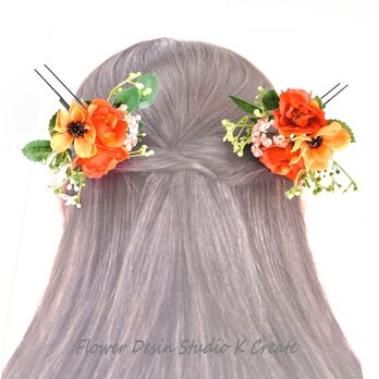 オレンジの薔薇とコスモスのハーフツイン洋の髪飾り　ウエディング　ウェディング　結婚式　披露宴　オレンジ　ヘッドドレス　の画像