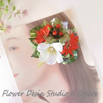 クリスマスに♡ピンクの薔薇とプルメリアの髪飾り　ヘアクリップ　ポインセチア　ピンク　フラダンス　発表会　クリスマス　ダンス　のコの画像