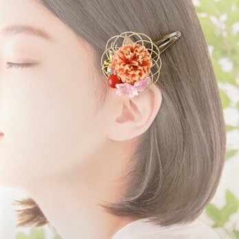 和風♡オレンジのマムと水引のパッチンクリップ　子供　髪飾り　七五三　ヘアクリップ　ピンク　着物　浴衣の画像