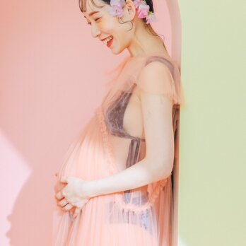 実例写真！妊婦ドレス オレンジ  マタニティ 写真撮影 シースルー ワンピース 編み上げの画像
