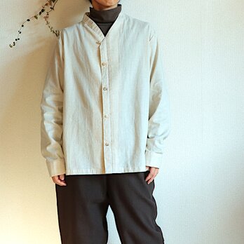 アシンメトリーカラータックシャツ(生成り/麻混綿/長袖/unisex M)の画像