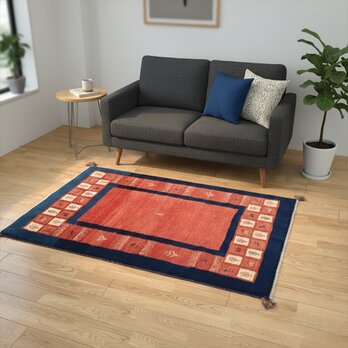 ペルシャ　ギャッベ　ソファー前　ハーフラグ　厚みがある　153×100cm　茜色　紺色　RJ3324G