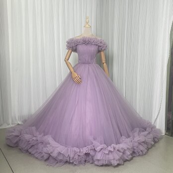 人気上昇！カラードレス パープル オフショルダー ラッフルフリル 華やかなトレーン 花嫁の画像