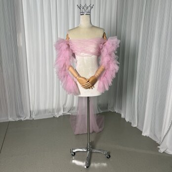 可愛い ドレスアレンジ用トップスのみ ボレロ ピンク ソフトチュール ベール風ポンチョ 花嫁の画像