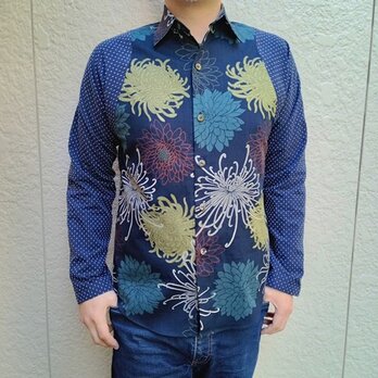 長袖和柄シャツ（菊尽くし華文様）袖刺子生地の画像