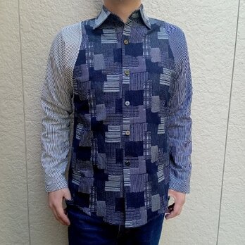 井原デニム×児島ヒッコリーデニムシャツジャケット（袖左右色違い）の画像