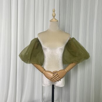 パフスリーブ 取り外し袖 グリーン ストレッチ 可愛い 色直し 花嫁の画像