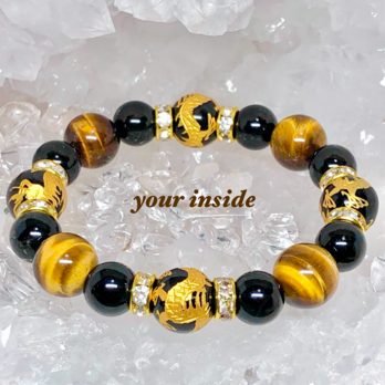 金色 龍彫り オニキス タイガーアイ 天然石ブレスレット