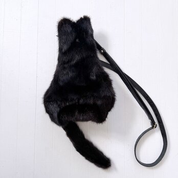 黒 猫 リアル ファー ブラック ミンク 革 レザー ペイズリー グレージュ  ショルダー しっぽ付きの画像