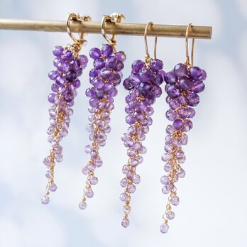 【ピアス／イヤリング】「息を呑む絶景」藤の花 アメジスト 天然石 誕生石 14kgf 紫 パープル じゃらじゃら ロングの画像