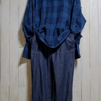 10オンスデニム　インディゴカラー　ゆとりテーパードパンツ　ロング丈　後ろポケット付き　M～6Lの画像