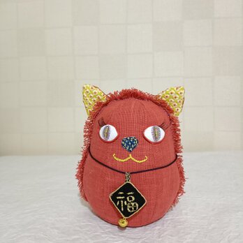 福招き　猫だるま　（赤紅）