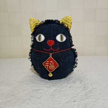 福招き　猫だるま　（紺）