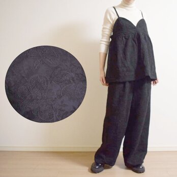 ペイズリー柄総刺繍☆綿麻ボタニカルジャガード☆ワイドパンツ☆ブラックの画像
