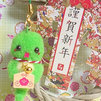 【送無】2025◆◇ポンポンお正月◇◆巳年●ㅅ●リンリン♪絵馬下げへびさん仲良しヘビさん☆緑ヘビの画像