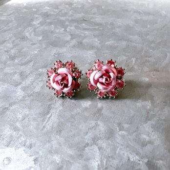 PA259-【 AVON 】エイボン・ヴィンテージピアス 2002 Pink Rose Flower Rhinestoneの画像