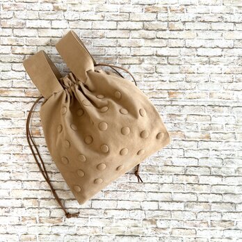 水玉 コーデュロイ 軽量 巾着BAG／秋冬／キャメルの画像