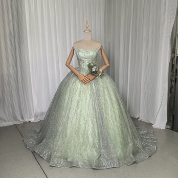 カラードレス ライトグリーン ベアトップ キラキラグリッターチュール プリンセスライン 編み上げ 花嫁の画像