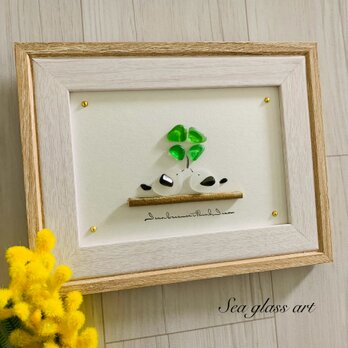 シーグラスアート シマエナガペア 四葉のクローバー インテリア雑貨 置物 観葉植物  北欧ガラス細工 贈り物 プレゼント