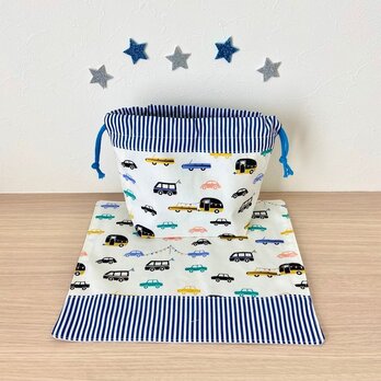サイズが選べる！北欧☆白車×ストライプお弁当袋＆ランチョンマットの画像