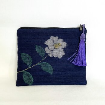 ＊アンティーク着物＊白椿模様手織り真綿紬のポーチ