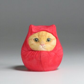 木彫り 達磨　だるま茶トラ猫　猫仏2412の画像