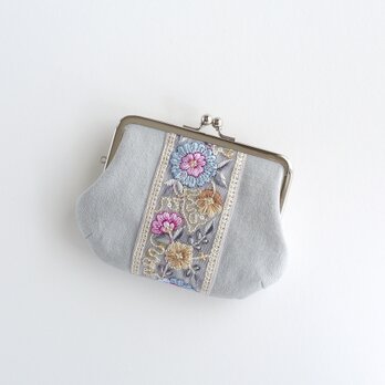 インド刺繍リボンの親子がま口（お財布）ペールブルー