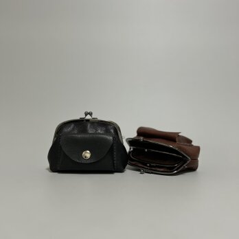 姫路レザー親子がま口財布◆黒　アーチ型　革財布　カード入れ　名刺入れ　革財布　クリスマスの画像