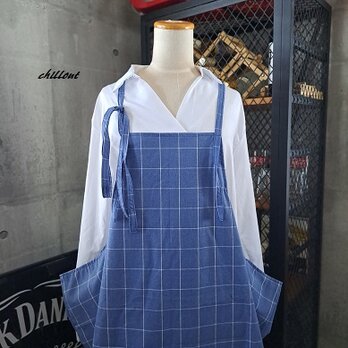【sale】【背中がかわいい】エプロンドレス：ブルー×ホワイト：コットン【0789】の画像