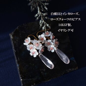 桜と雫のフックピアス・白蝶貝とローズクォーツ、インカローズ　～桜の雫の画像
