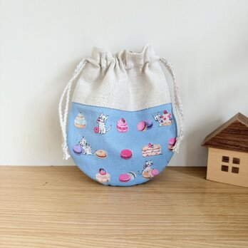 ラウンド型のミニ巾着（猫ちゃんとスイーツ）