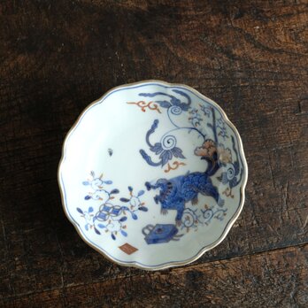 花唐草と獅子◆伊万里　染錦金彩膾皿　花唐草　青海波　深皿　骨董/antiques 幕末〜明治期【高台に削げ】の画像