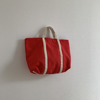 受注制作】帆布　BASIC TOTE(M)  トマトレッド×生成りの画像