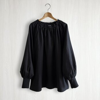 クルーギャザービショップスリーブ長袖プルオーバー_オーガニック綿100%_Blackの画像