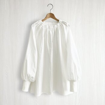 クルーギャザービショップスリーブ長袖プルオーバー_オーガニック綿100%_Whiteの画像