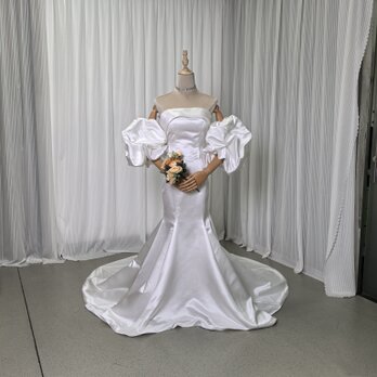ウェディングドレス ベアトップ パフスリーブ マーメイドライン リボン デザイン感 編み上げ 結婚式の画像