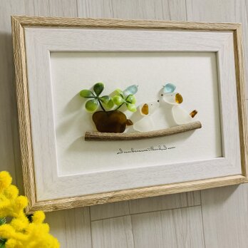 シーグラスアート 犬ペア 幸せの青い鳥 インテリア雑貨 置物 観葉植物  北欧ガラス細工 贈り物 プレゼント