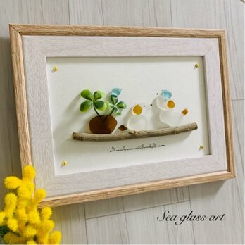 シーグラスアート 犬ペア 幸せの青い鳥 インテリア雑貨 置物 観葉植物  北欧ガラス細工 贈り物 プレゼント