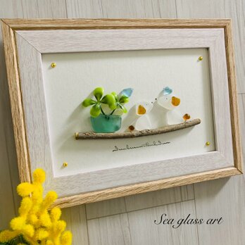 シーグラスアート 犬ペア 幸せの青い鳥 インテリア雑貨 置物 観葉植物  北欧ガラス細工 贈り物 プレゼント