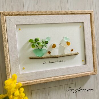 シーグラスアート 犬ペア 幸せの青い鳥 インテリア雑貨 置物 観葉植物  北欧ガラス細工 贈り物 プレゼント