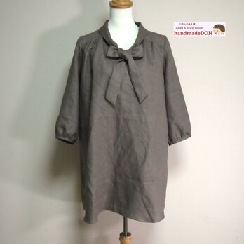 リネン◆ボウタイチュニックワンピ　七分袖◆ライトカーキ◆M・L・LL（中厚、リネン100％）