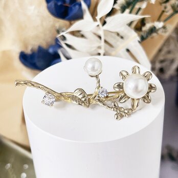 フローラルブランチ 小枝 キュービックジルコニア 花 パールブローチ【ebro18】の画像
