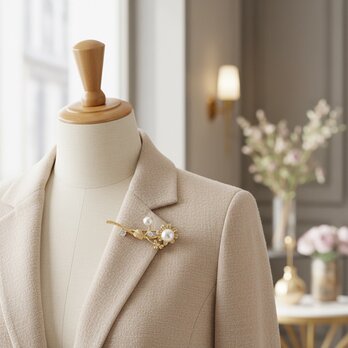 パール＆フローラルブランチモチーフのブローチ【ebro18】